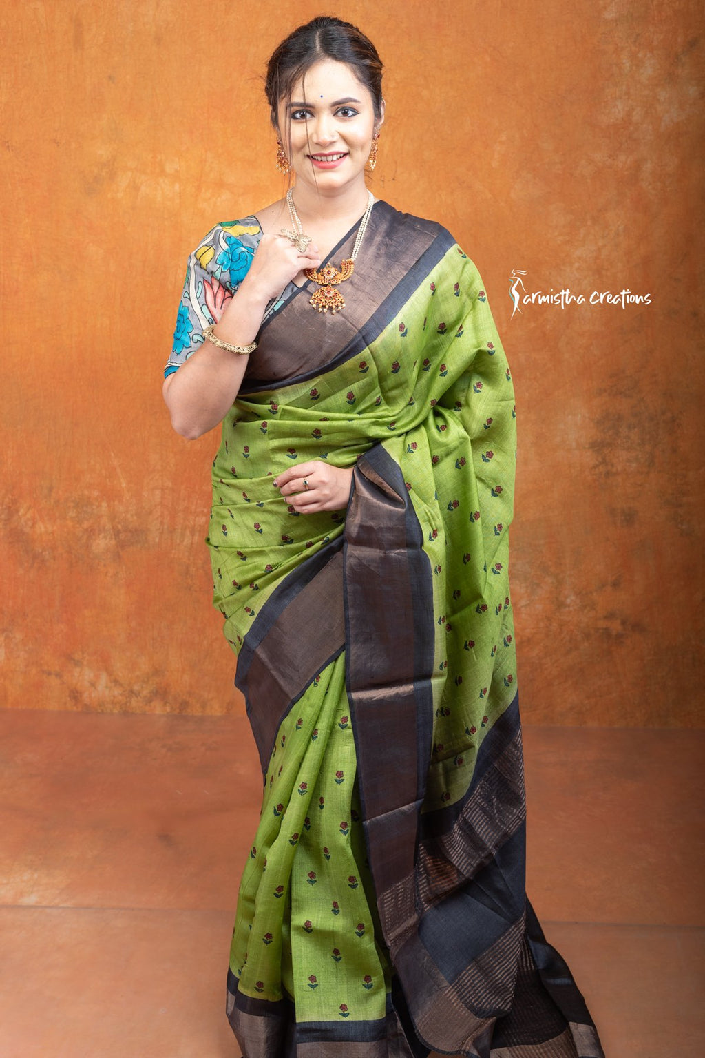 Zari Border Pure Tussar Silk Saree With Hand-Block Printing dtzbhbp-029 image 1