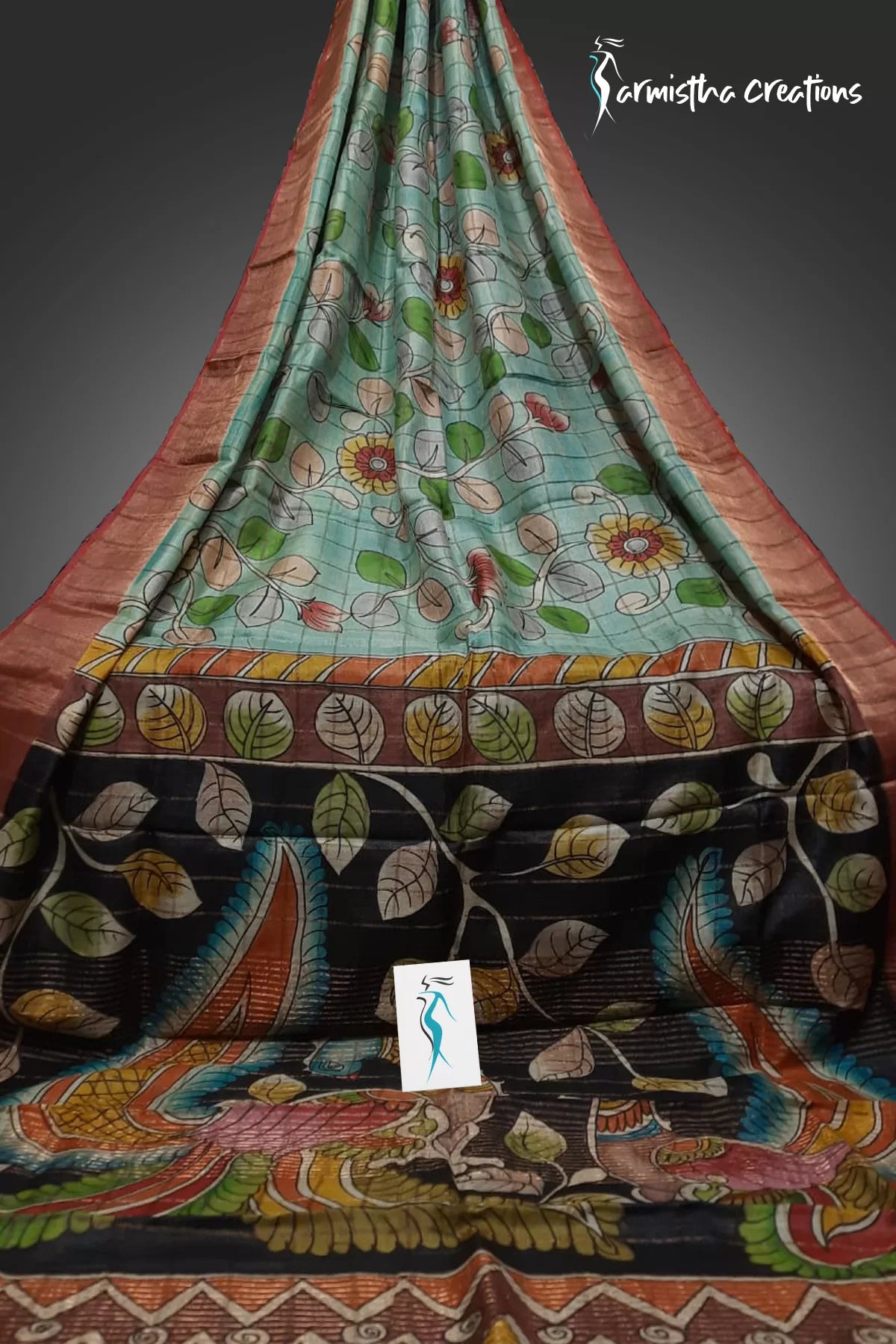 Zari Check Tassar With Hand Kalamkari Pesta Black zctkhp-001 image 0