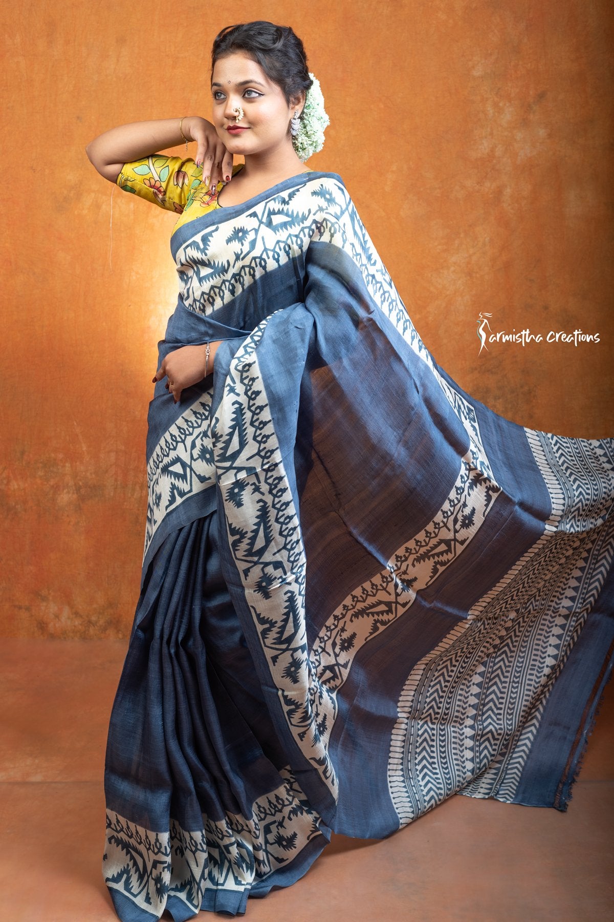 Murshidabad Silk Saree with Hand Block Printing Monsoon Midnight and Oriental Blue hbpms-004 image 2
