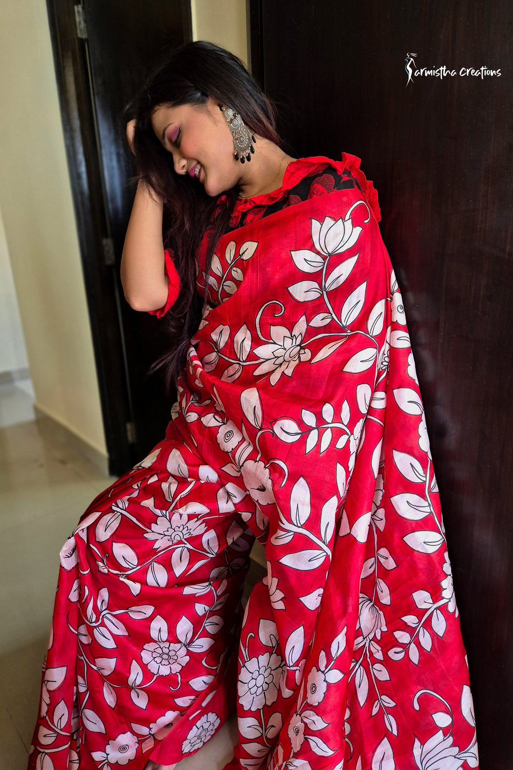 Kiss of Red – Pure Bishnupuri Silk Saree with Hand Kalamkari | bshk-001 image 2