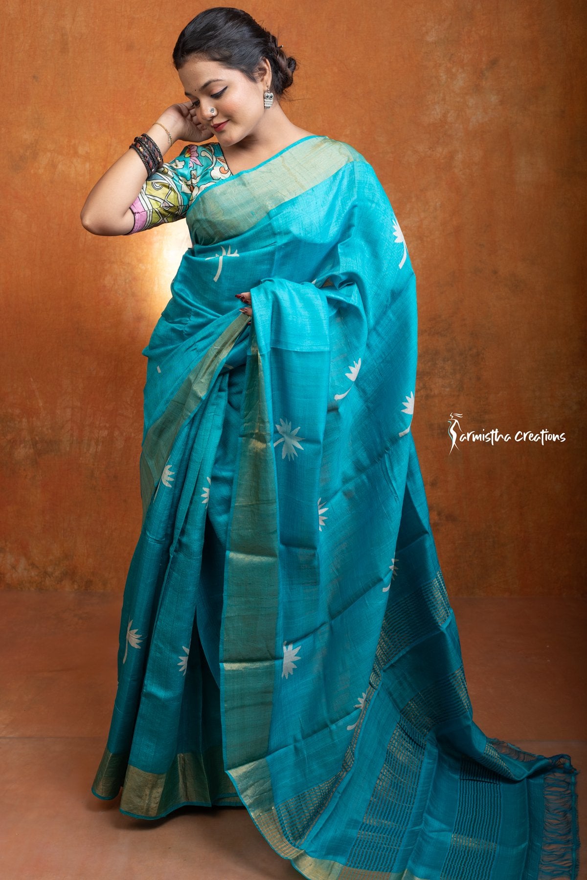 Zari Border Pure Desi Tussar Silk Saree With Hand-Block Printing dtzbhbp-114 image 1