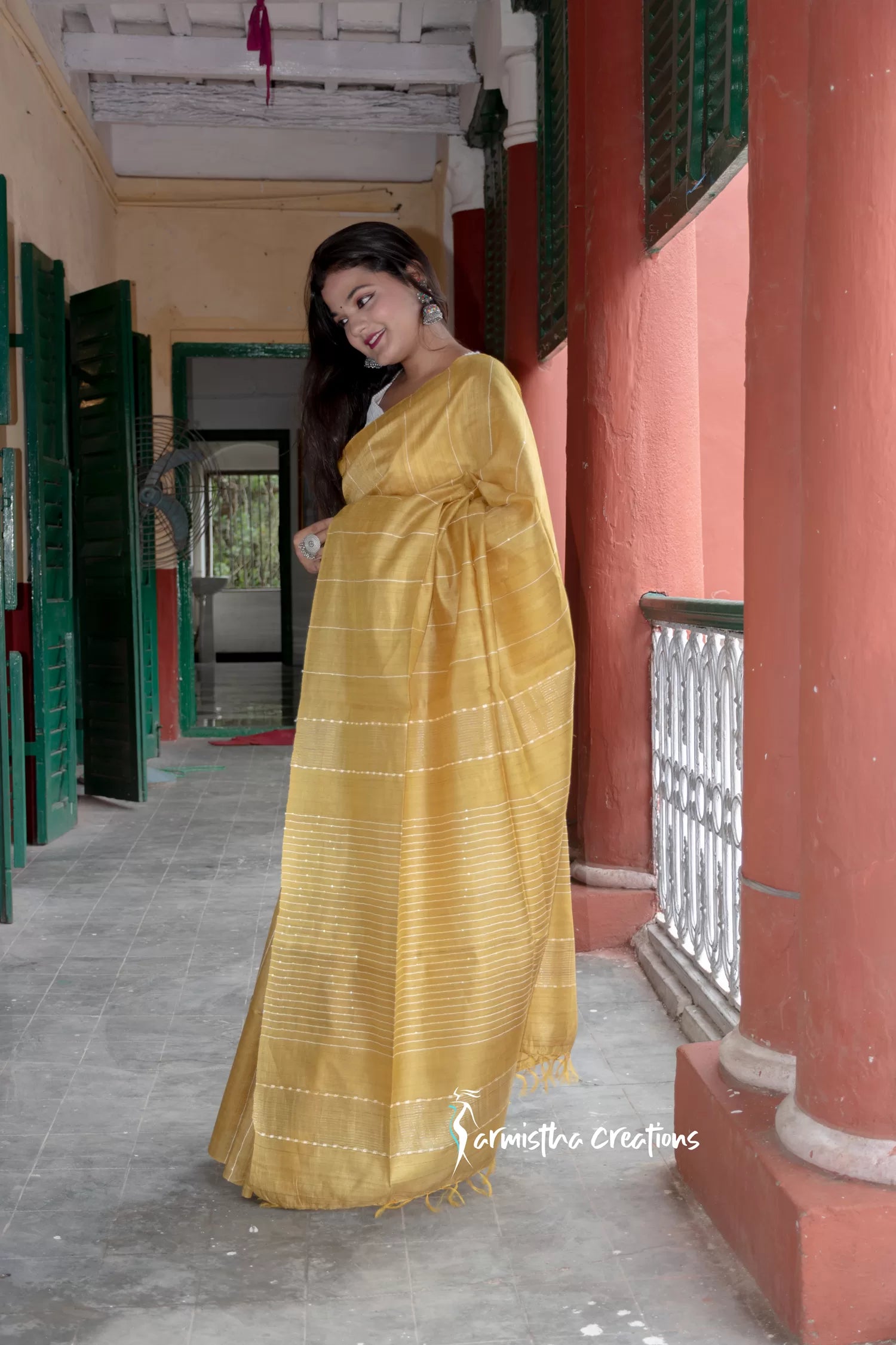 Pure Desi Tussar Silk Saree With Sequin Work (Mustard Yellow) image 2