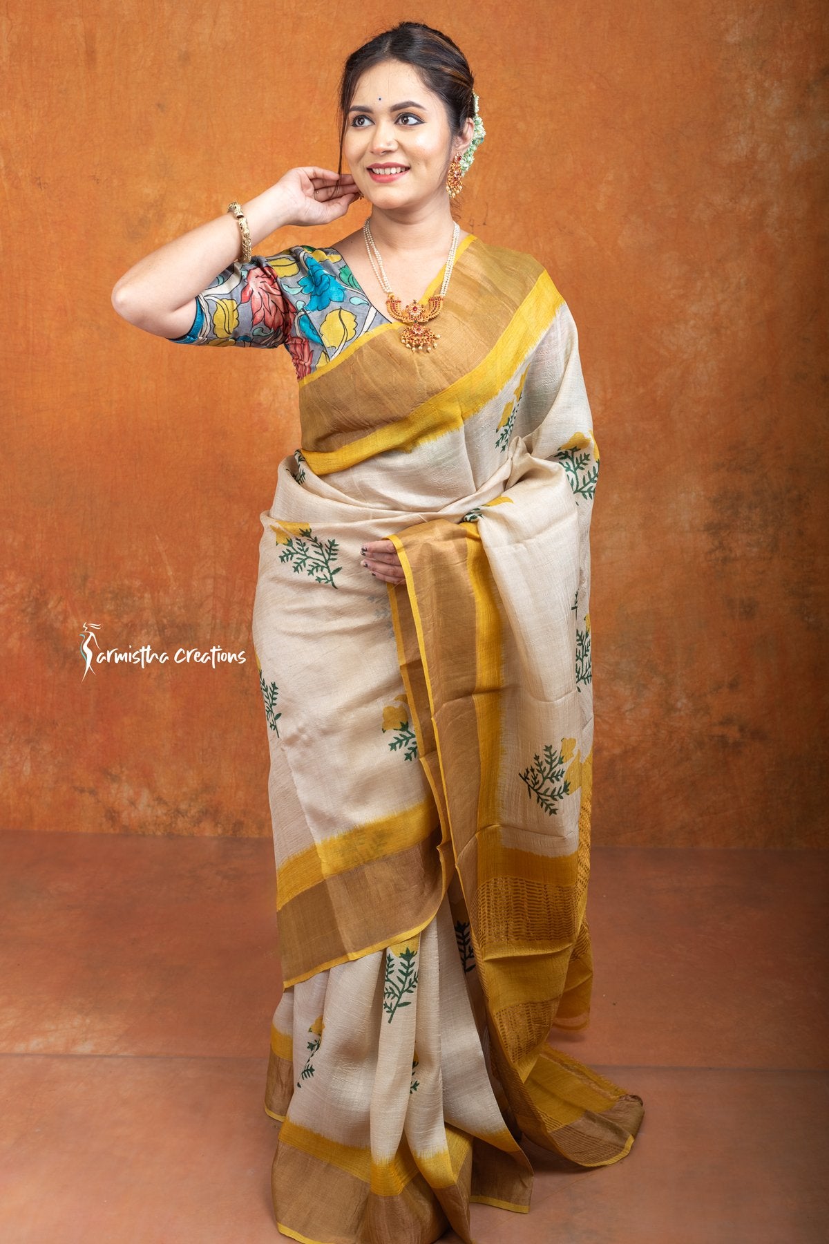 Zari Border Pure Tussar Silk Saree With Hand-Block Printing dtzbhbp-122 image 0