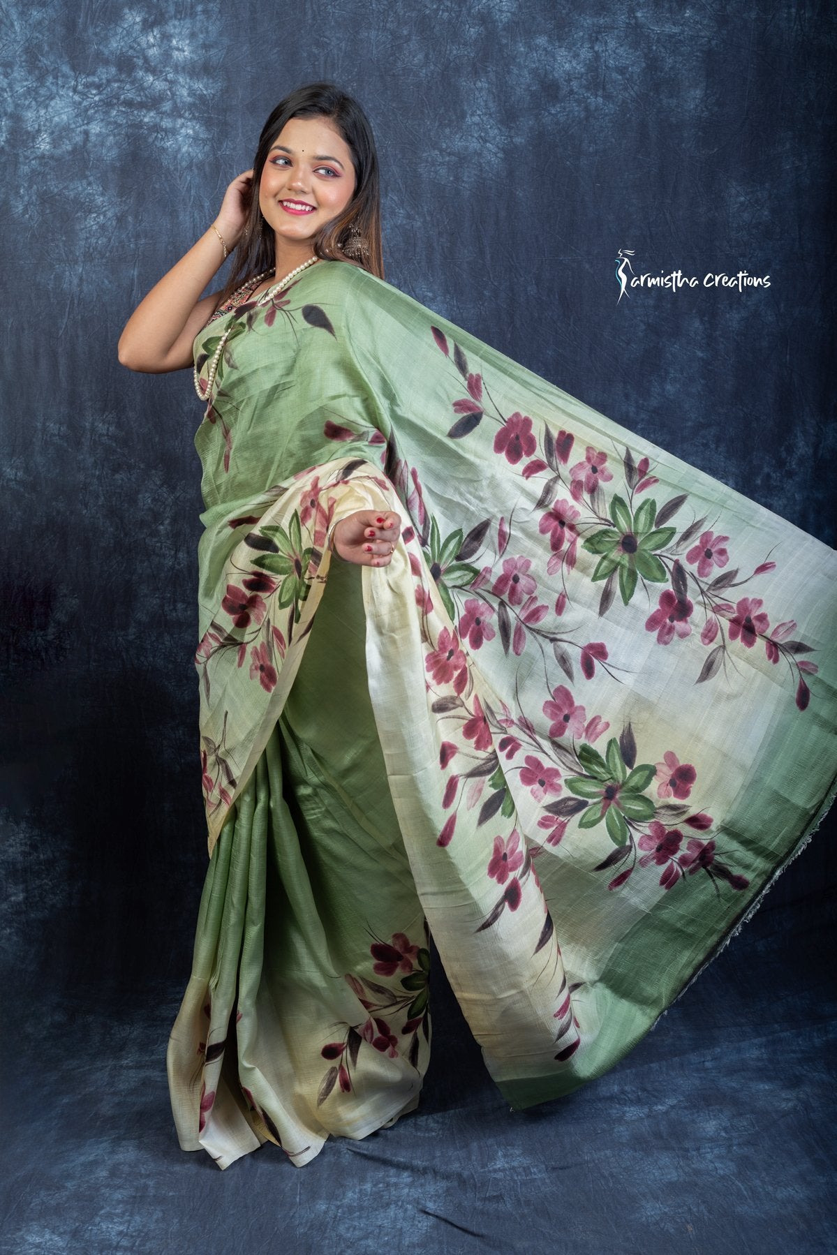 Verdant Whisper – Hand-Painted Bishnupuri Silk Saree | bshp-009 image 2