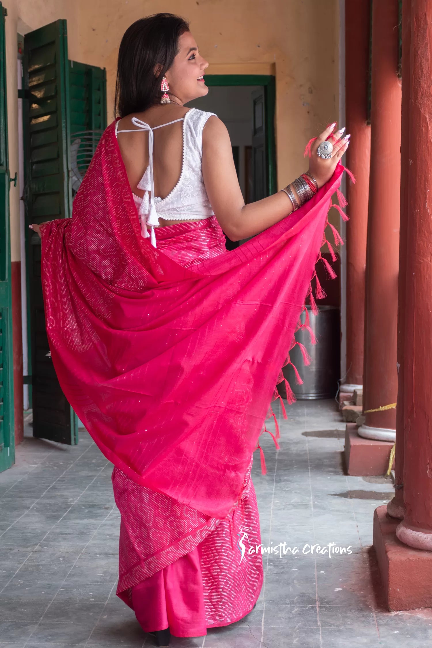 Semi-Silk Saree (Vibrant Pink) image 2