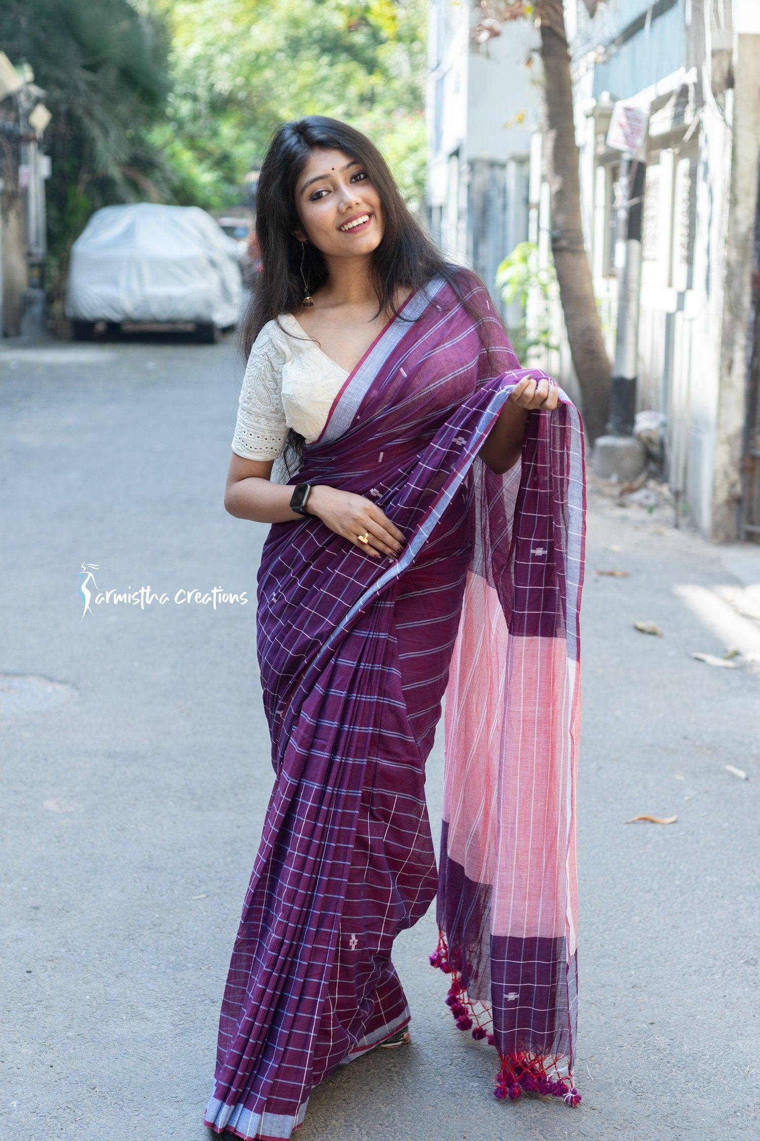 Handloom Cotton Saree with Checks and Stripes Purple image 0