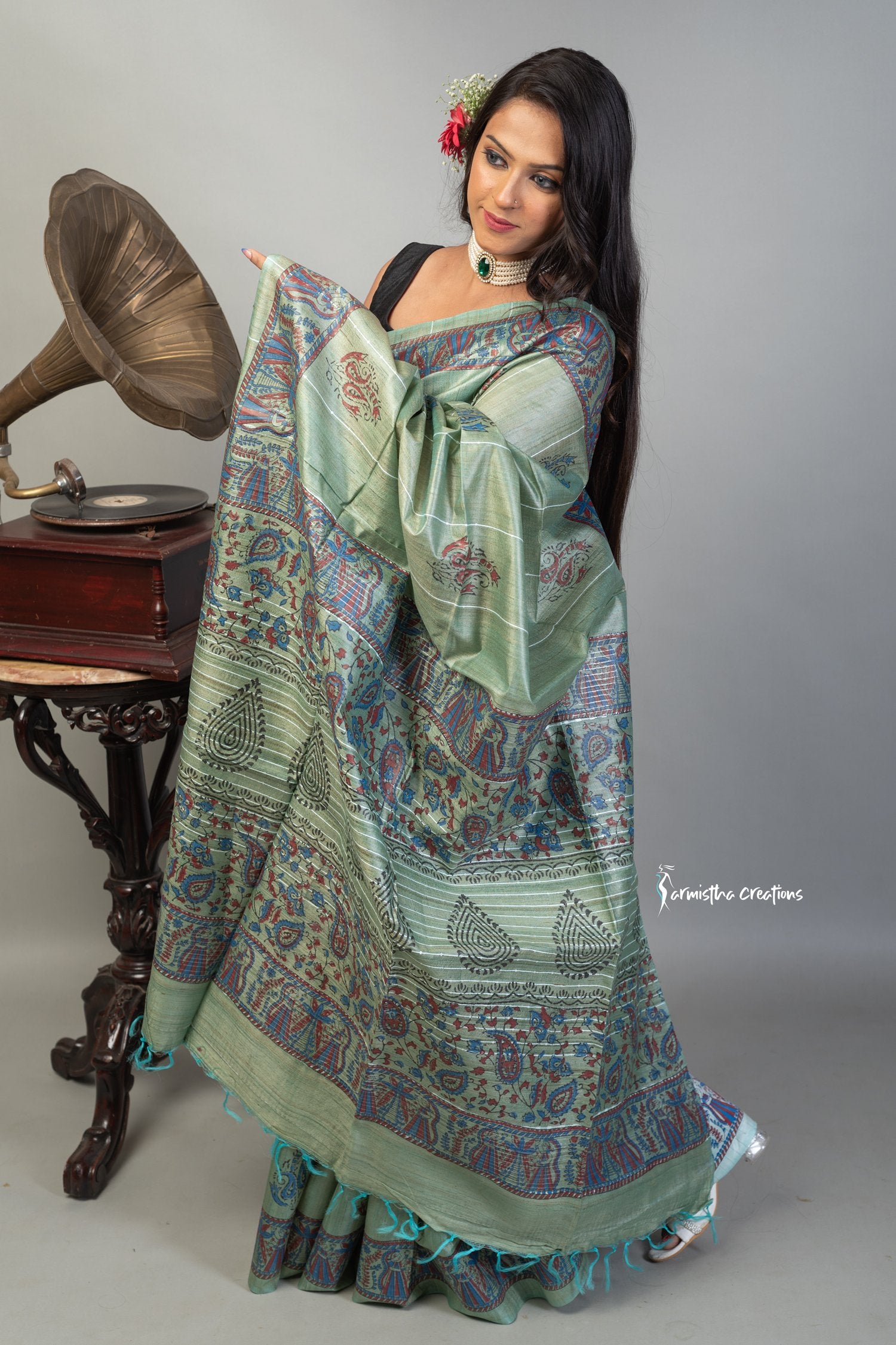 Hand Block Printed Pure Desi Tussar Silk Saree dt-004 image 1