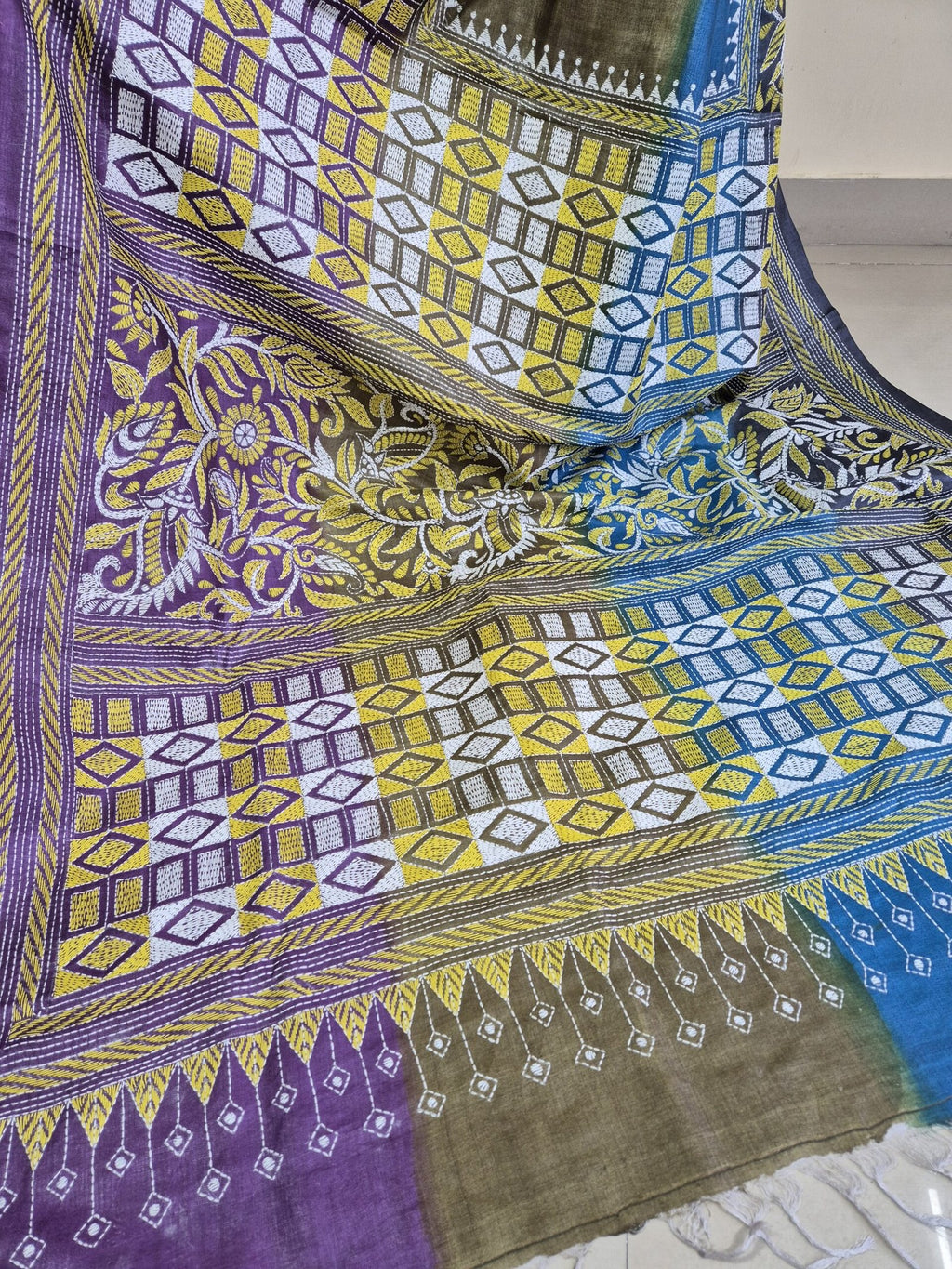 Kantha Work on Gachi Tussar Saree with Fusion Dye image 3