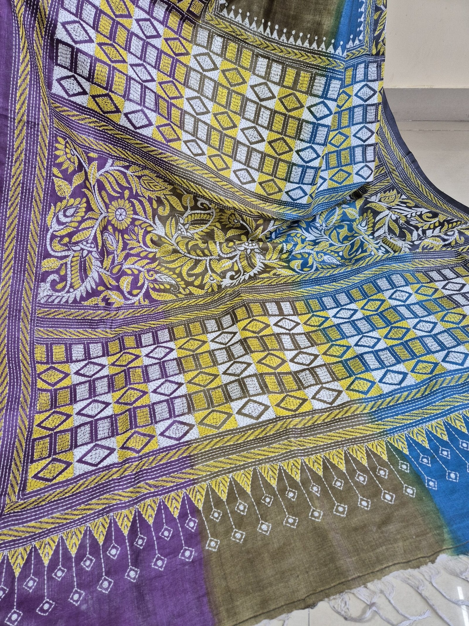Kantha Work on Gachi Tussar Saree with Fusion Dye image 3