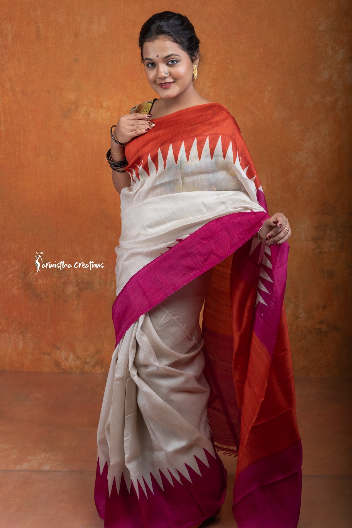 Murshidabad Silk Saree with Hand Block Printing Orange and Pink hbpms-010 image 0