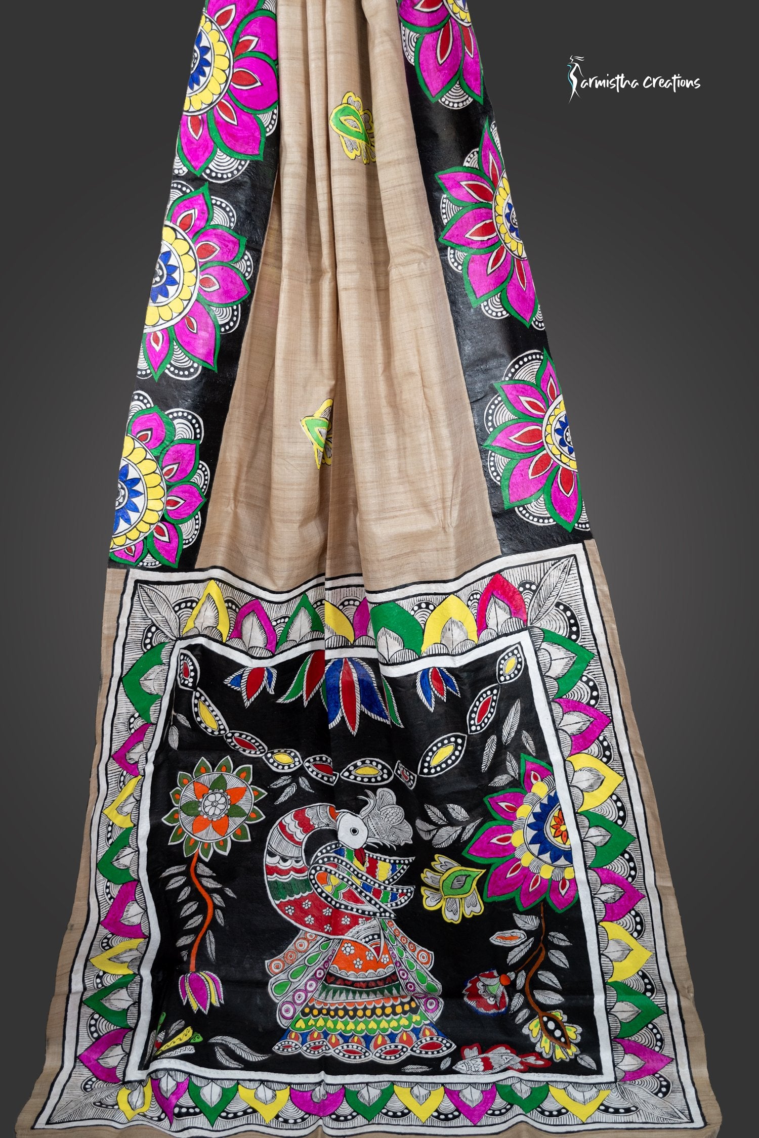 Modhulekha- Hand-painted patachitra fusing madhubani style on Raghunathpur Tussar image 4