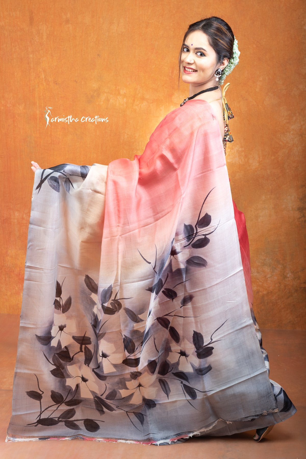 Blush Dusk &amp; Ink Petals – Hand-Painted Bishnupuri Silk Saree | bshp-002 image 0