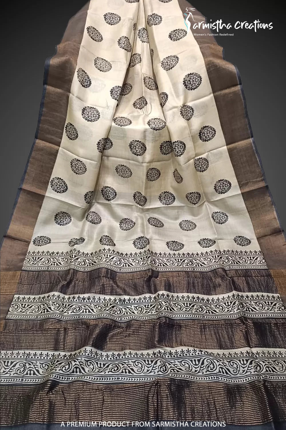 Zari Border Pure Desi Tassar Silk Saree With Hand-Block Printing dtzbhbp-053 image 0