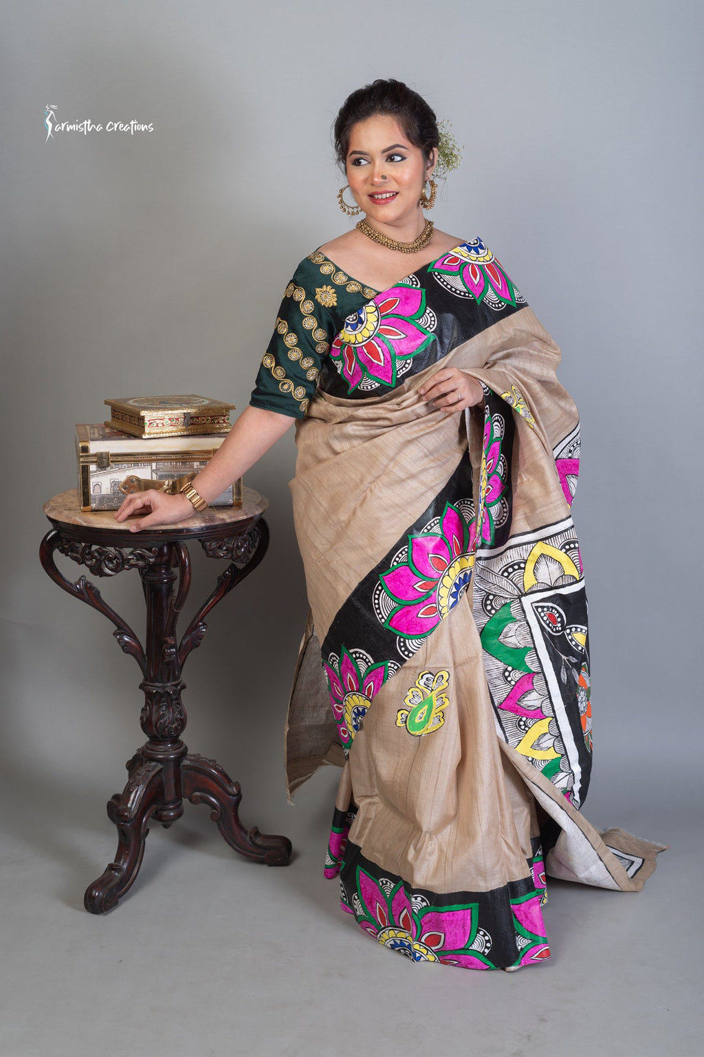 Modhulekha- Hand-painted patachitra fusing madhubani style on Raghunathpur Tussar image 1