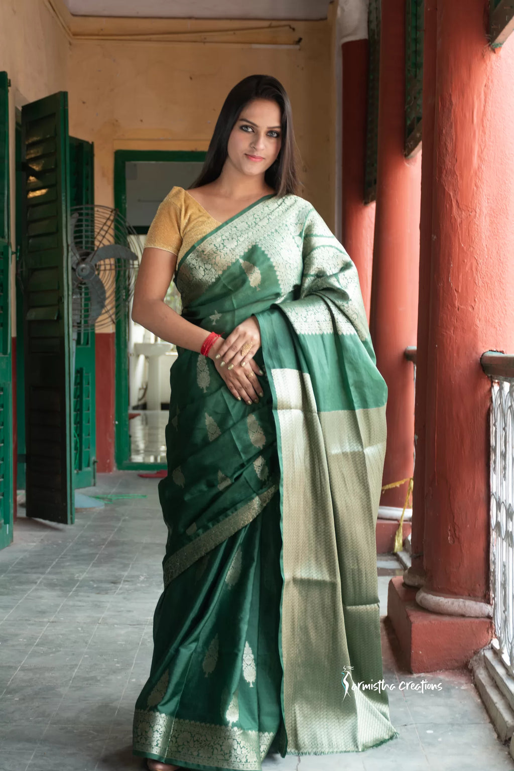 Georgette Silk Saree with Benarasi Work (Bottle Green) image 0