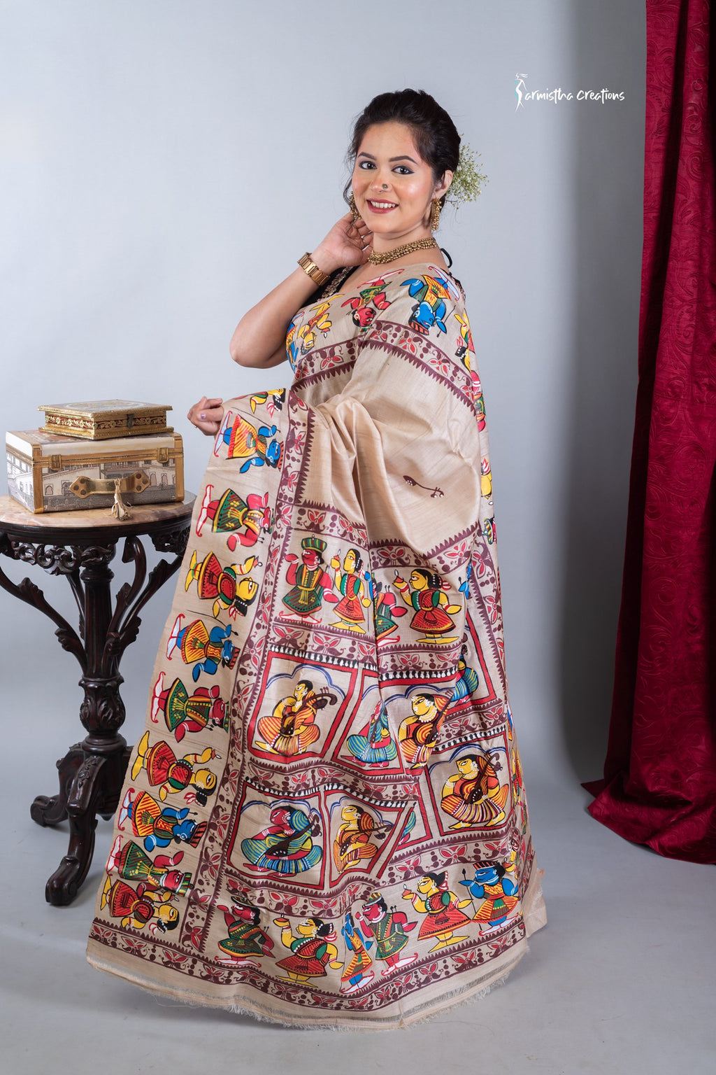 Rangini - Hand-painted patachitra fusing madhubani style on Raghunathpur Tussar image 2