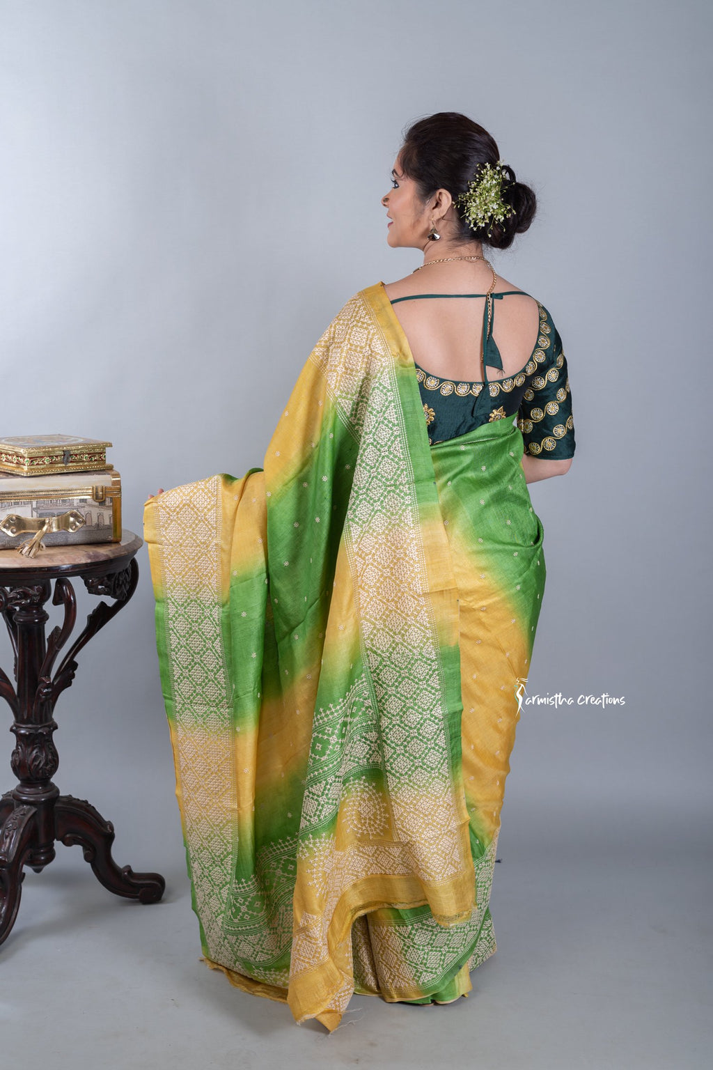 Green and Yellow Tussar Kutchwork Saree ptkw-002 image 4