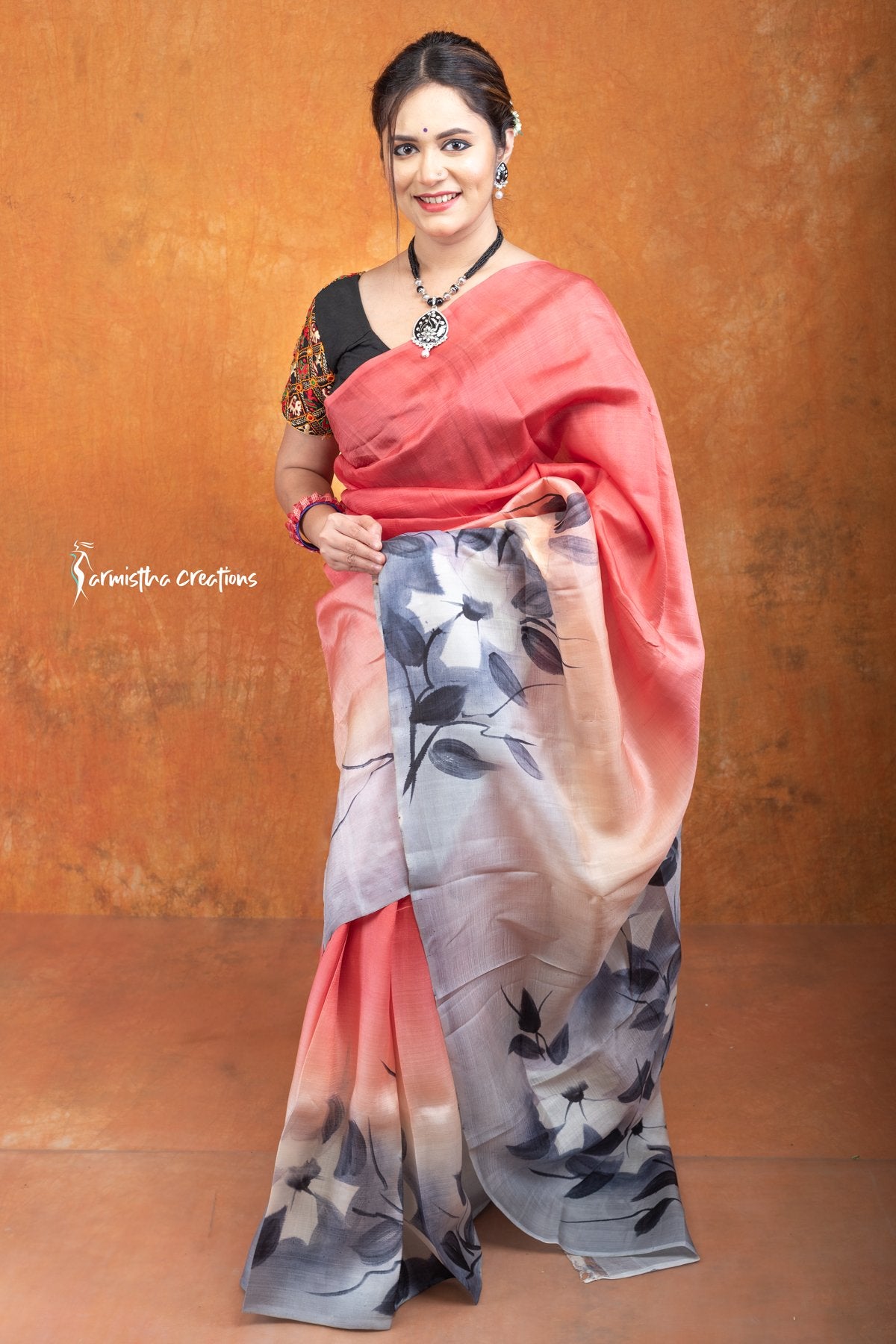 Blush Dusk &amp; Ink Petals – Hand-Painted Bishnupuri Silk Saree | bshp-002 image 1