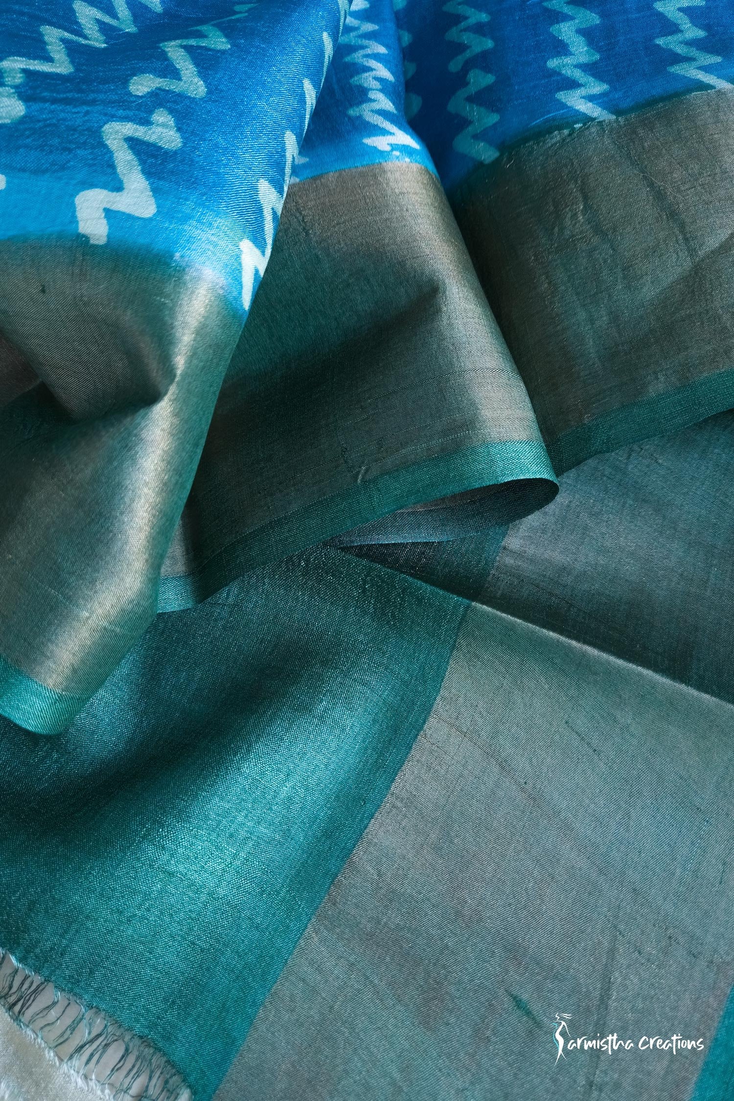 Dancing Chevrons - Hand Block Printed Zari Tussar Silk Saree | dtzbhbp-125 image 2