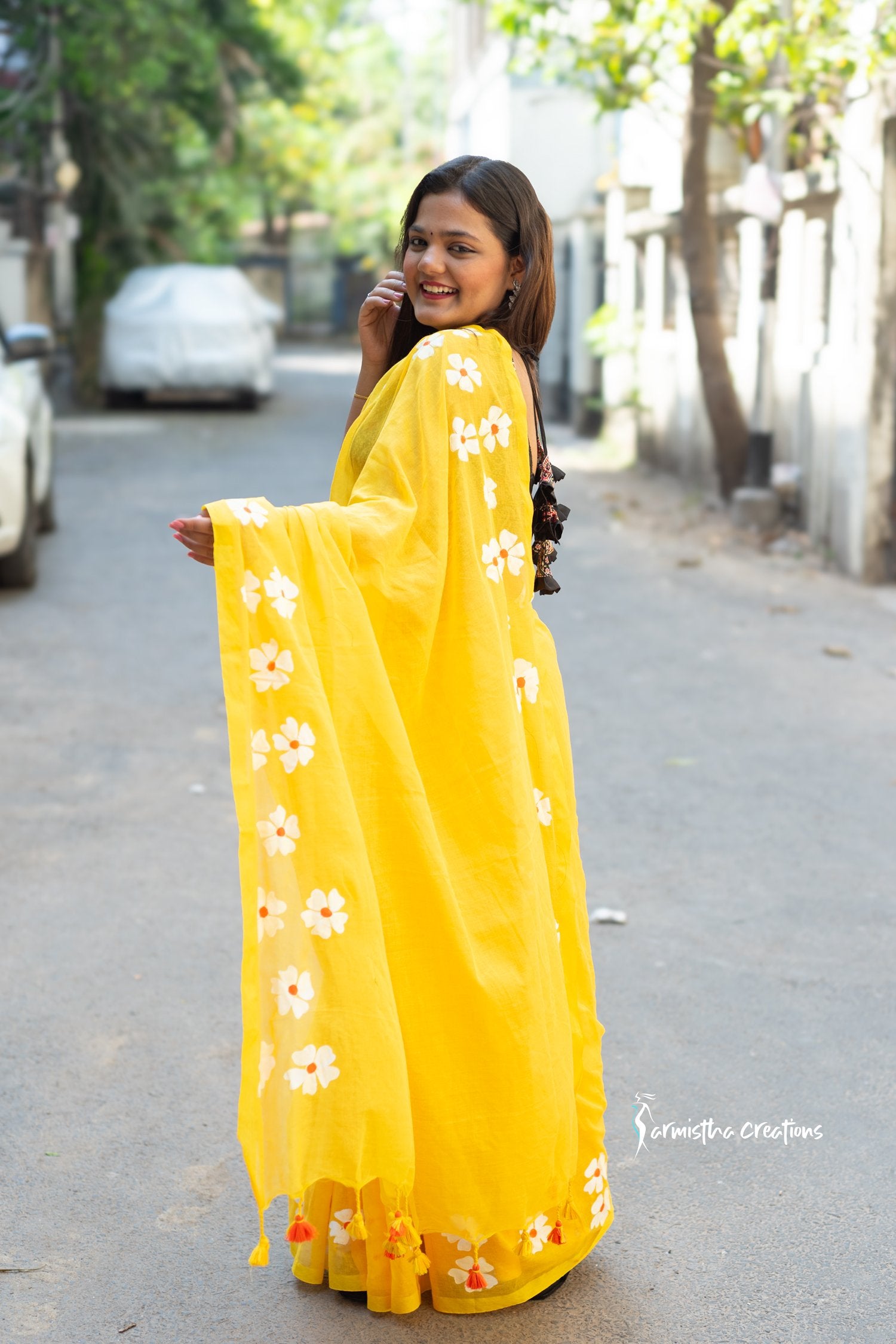 Pure Mul Cotton Saree Yellow with Floral Prints image 0