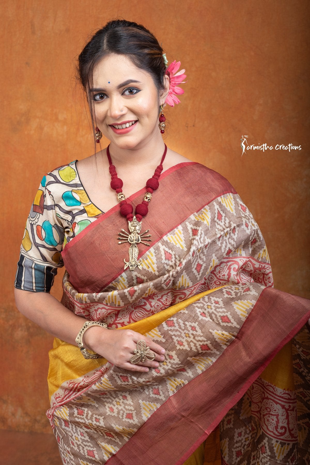 Zari Border Pure Tussar Saree With Hand-Block Printing dtzbhbp-117 image 3