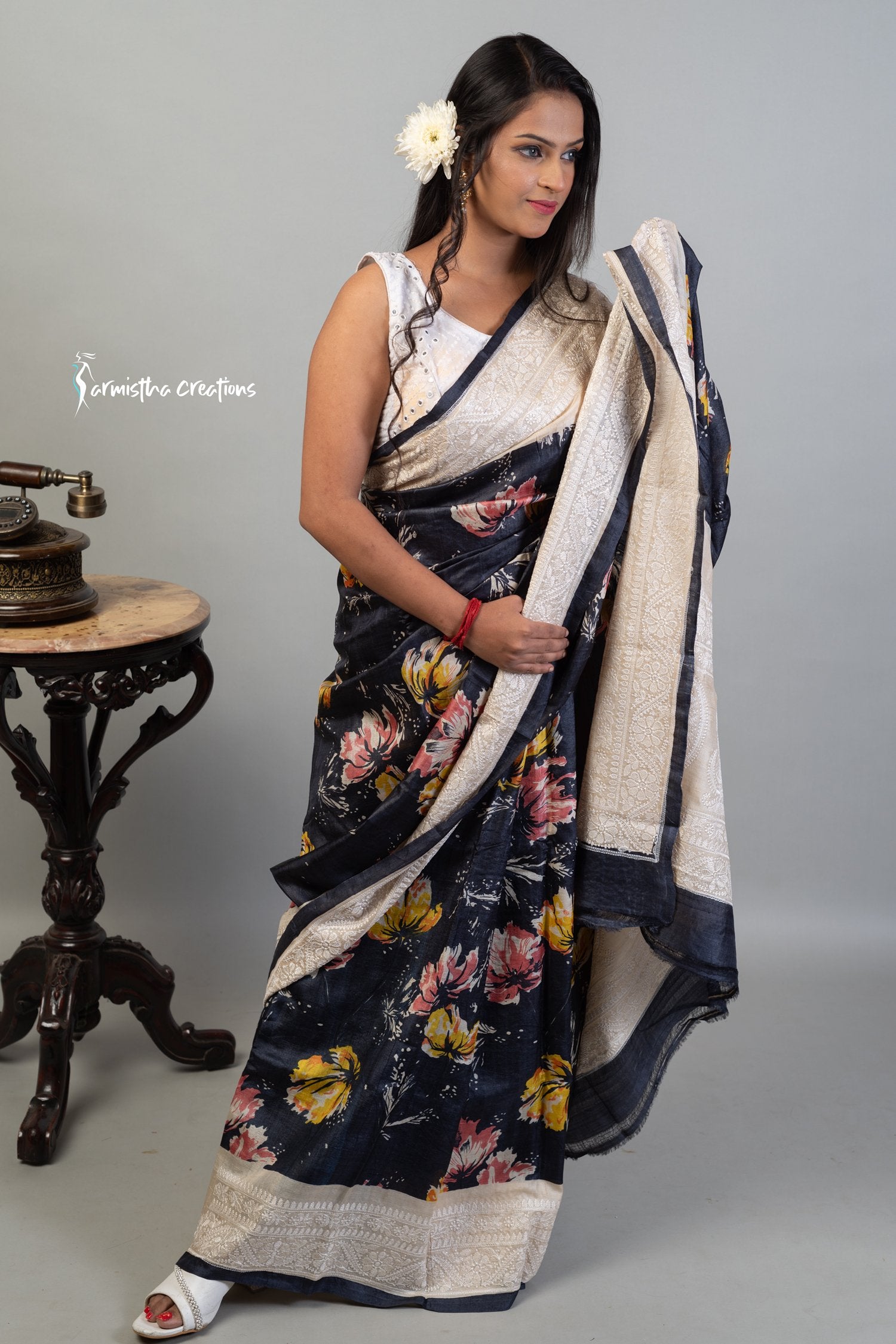 Floral Printed Tussar Saree with Chikankari Work Black ptch-002 image 2