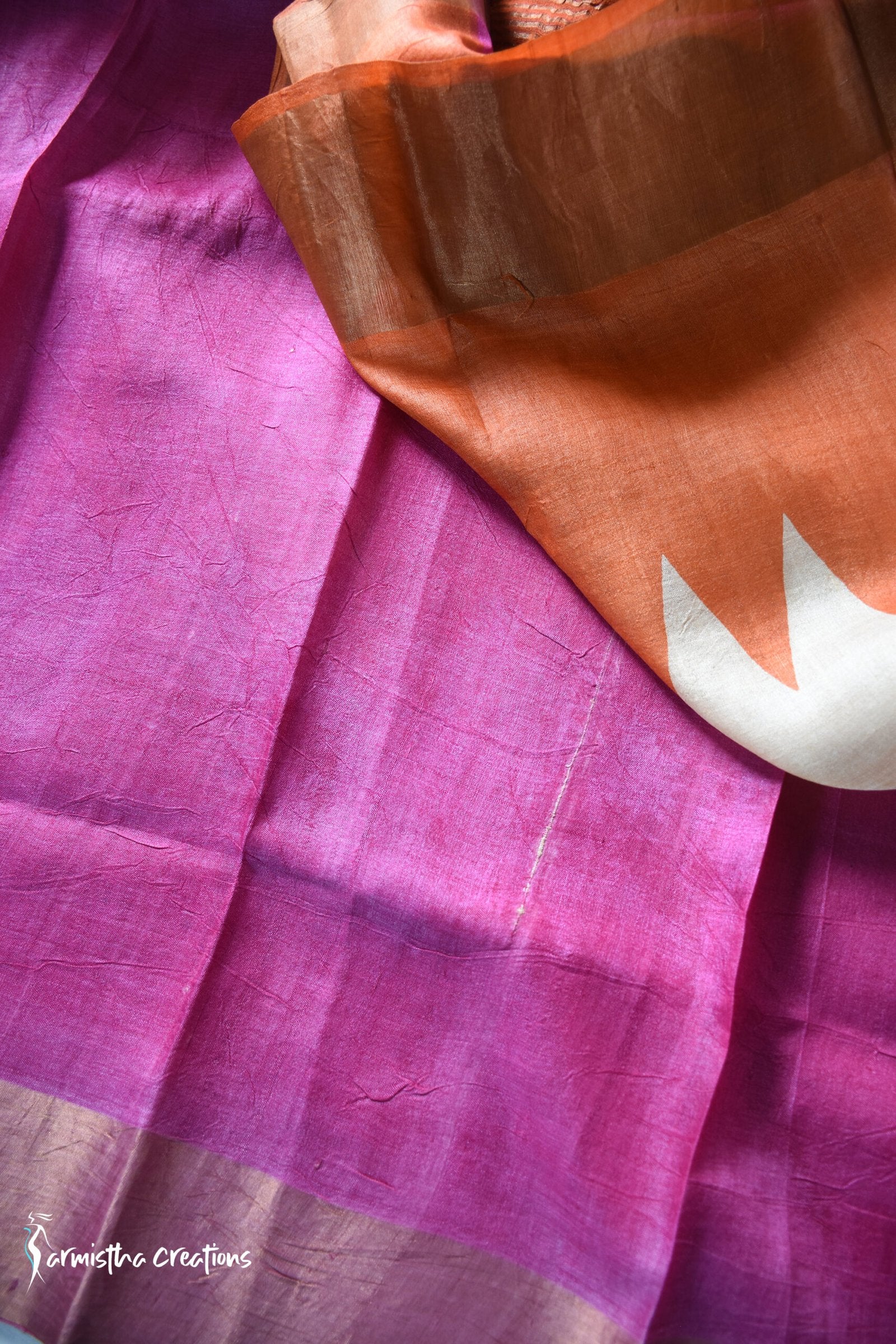 Zari Border Pure Desi Tassar Silk Saree With Hand-Block Printing dtzbhbp-017 image 1