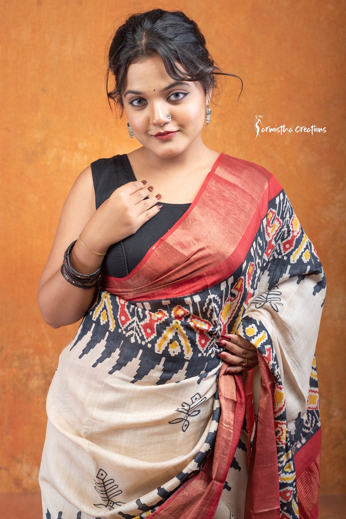 Zari Border Pure Desi Tassar Silk Saree With Hand-Block Printing dtzbhbp-041 image 2