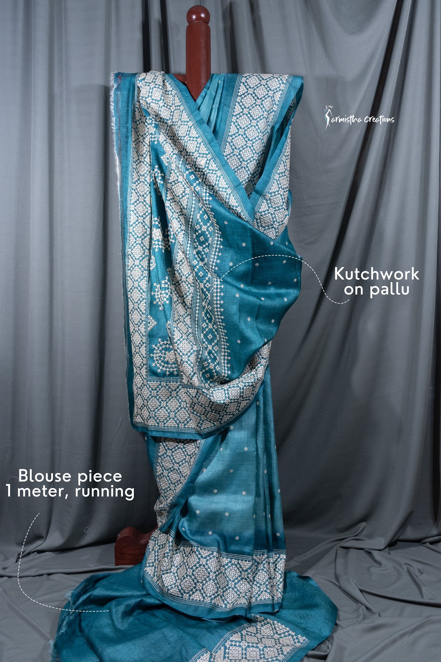 Teal Blue Tussar Kutchwork Saree ptkw-004 image 1