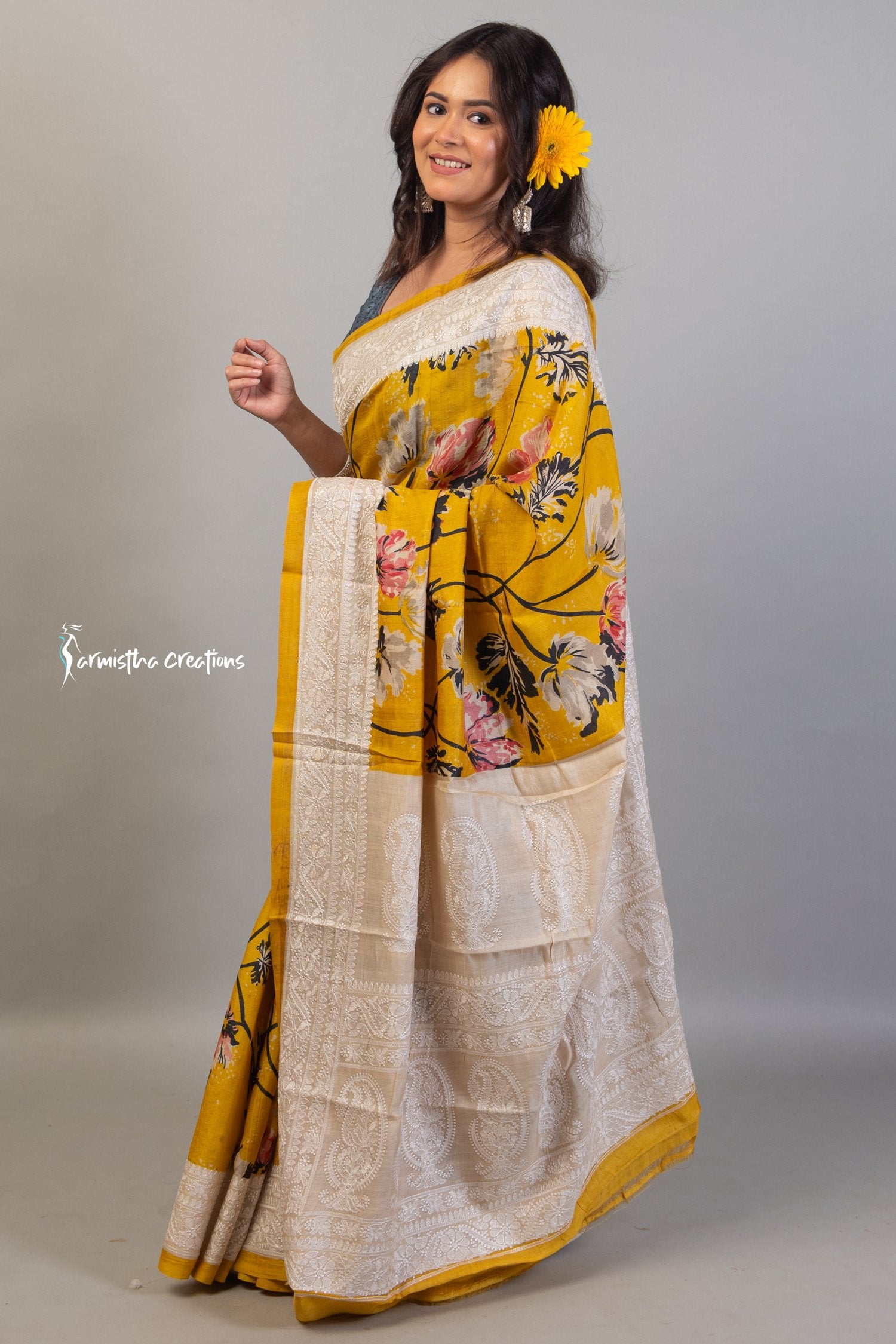 Floral Printed Tussar Saree with Chikankari Work Amber Yellow ptch-001 image 1