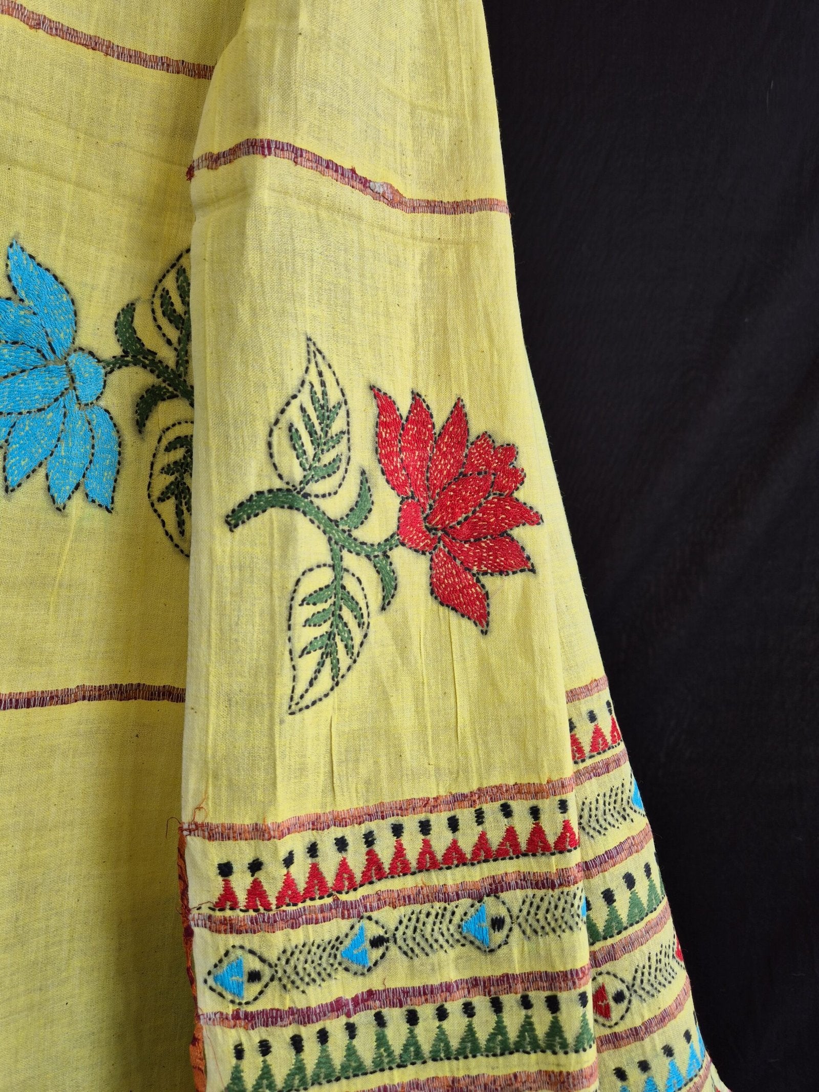 Yellow Khesh Cotton Kantha Stitch Saree image 3