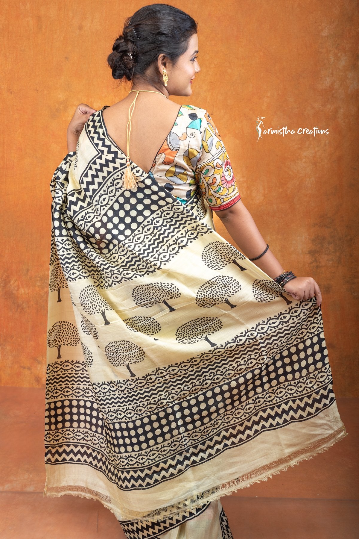 Murshidabad Silk Saree with Hand Block Printing Yellow Black hbpms-006 image 2
