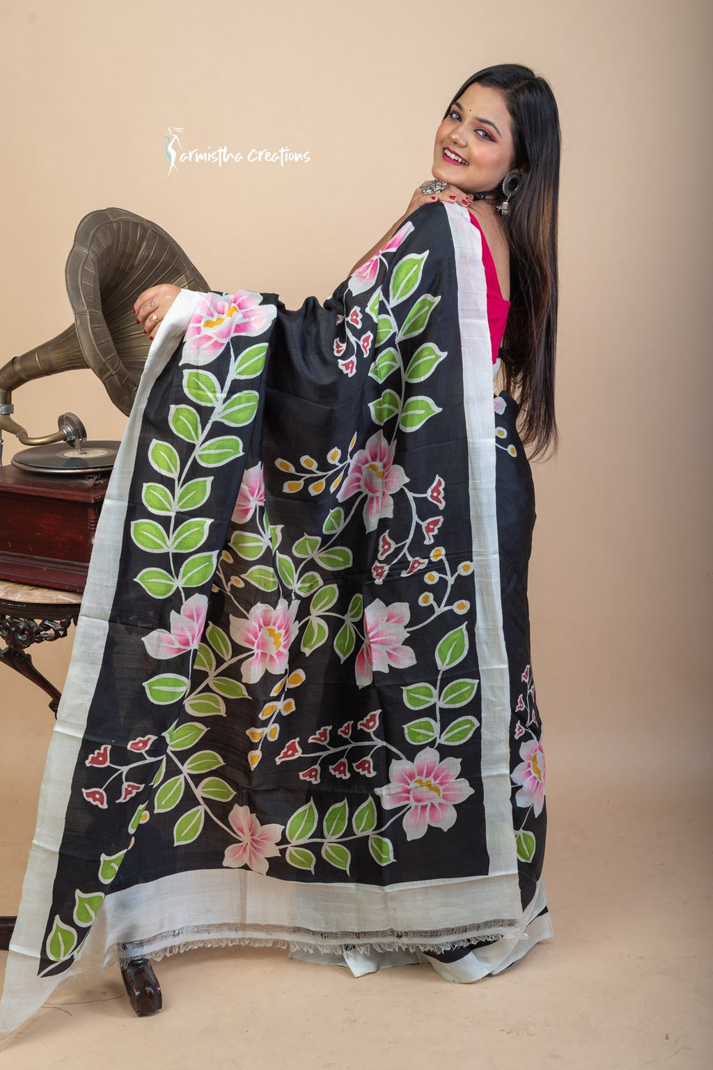 Floral Symphony – Hand-Painted Bishnupuri Silk Saree | bshp-007 image 6