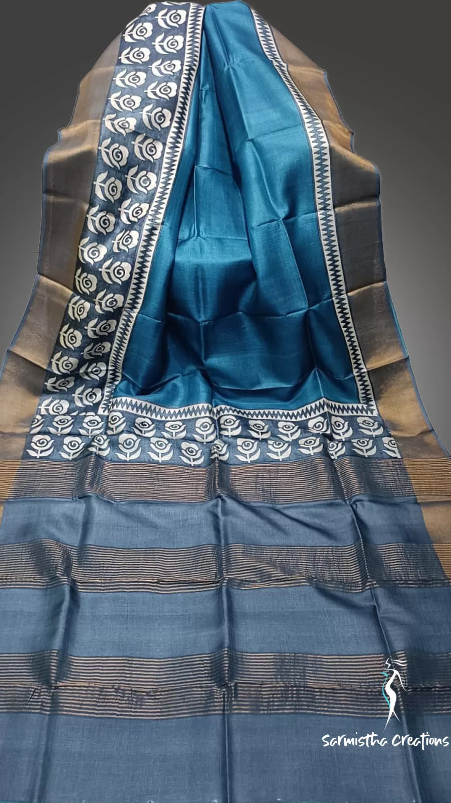 Zari Border Pure Desi Tussar Silk Saree With Hand-Block Printing dtzbhbp-008 image 0