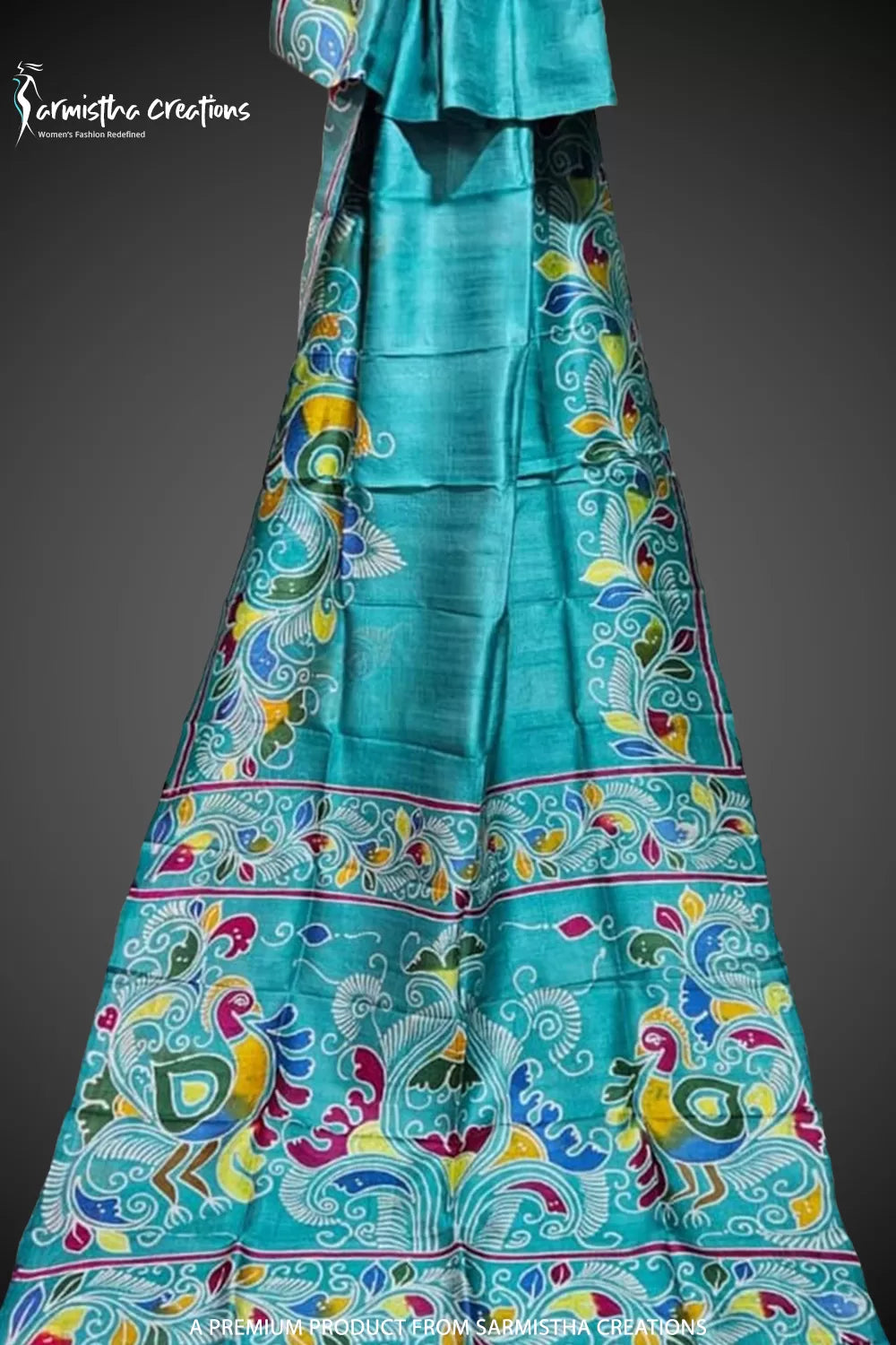 Bishnupuri Silk Saree With Hand Batik Work bssp-009 (Turquoise Blue) image 2