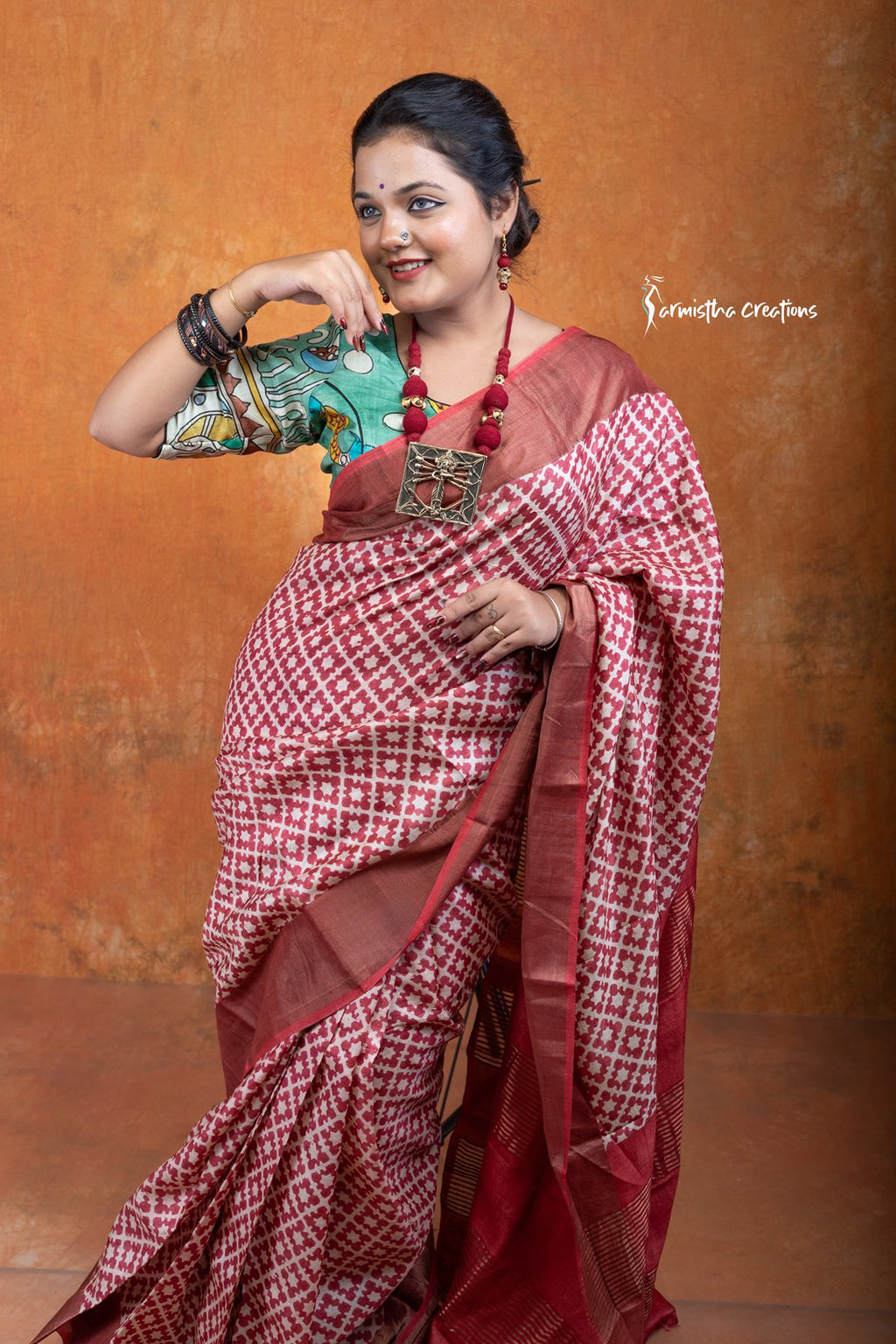 Zari Border Pure Desi Tussar Silk Saree With Hand-Block Printing | dtzbhbp-011 image 1