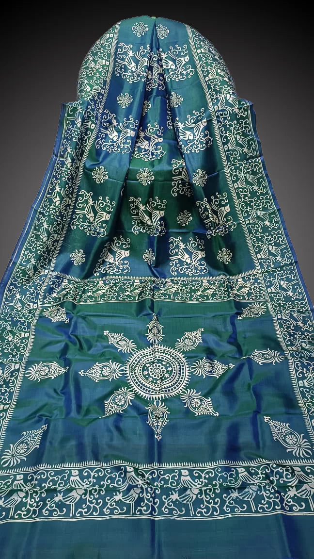 Hand-Block Printed Pure Bishnupuri Katan Silk Saree image 0