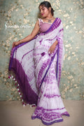 Shivori Printed Mul Cotton Saree White Purple image 0