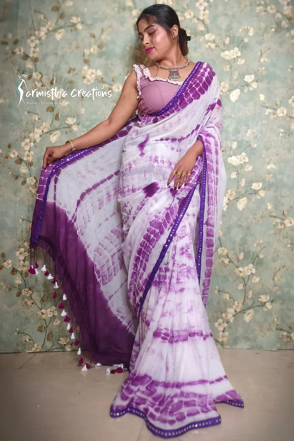 Shivori Printed Mul Cotton Saree White Purple image 0