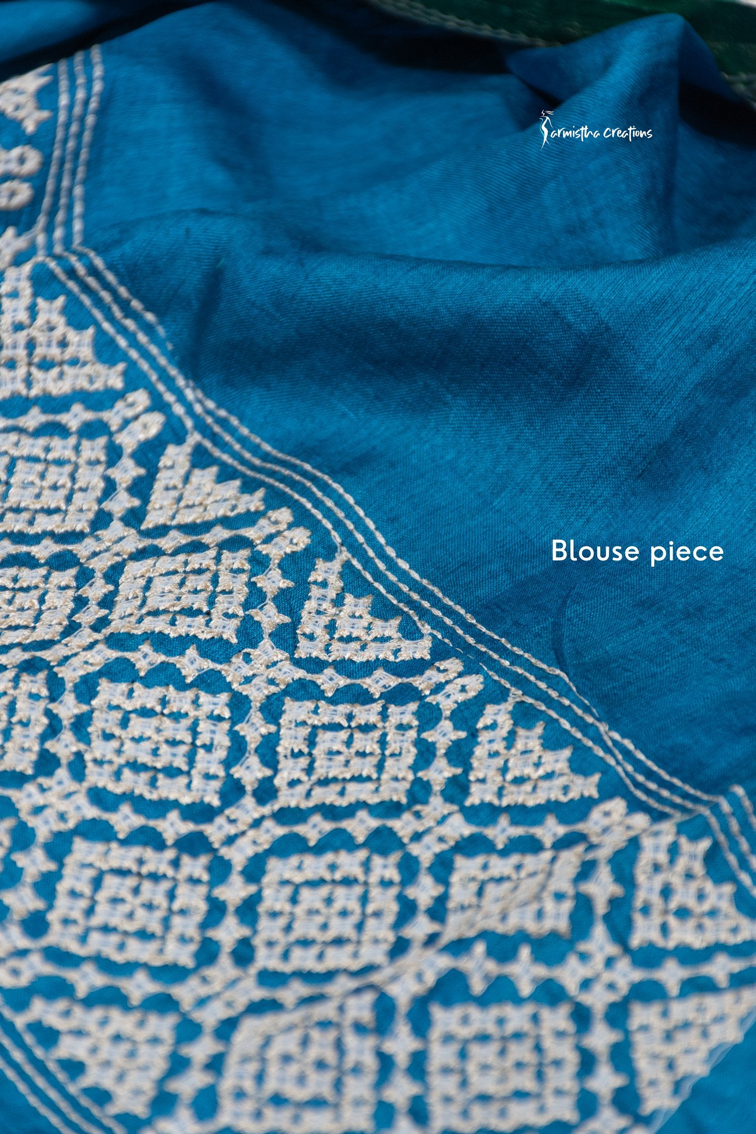 Teal and Green Tussar Kutchwork Saree ptkw-005 image 2