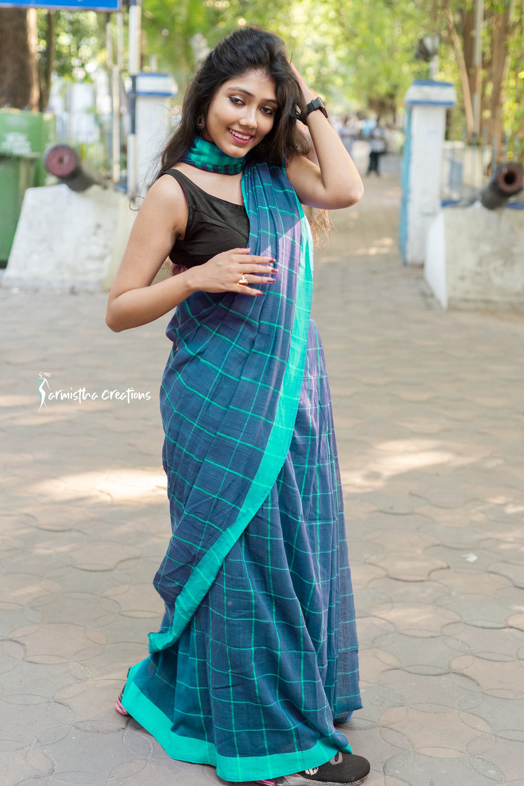 Handloom Cotton Saree Forest Green with Checks image 1