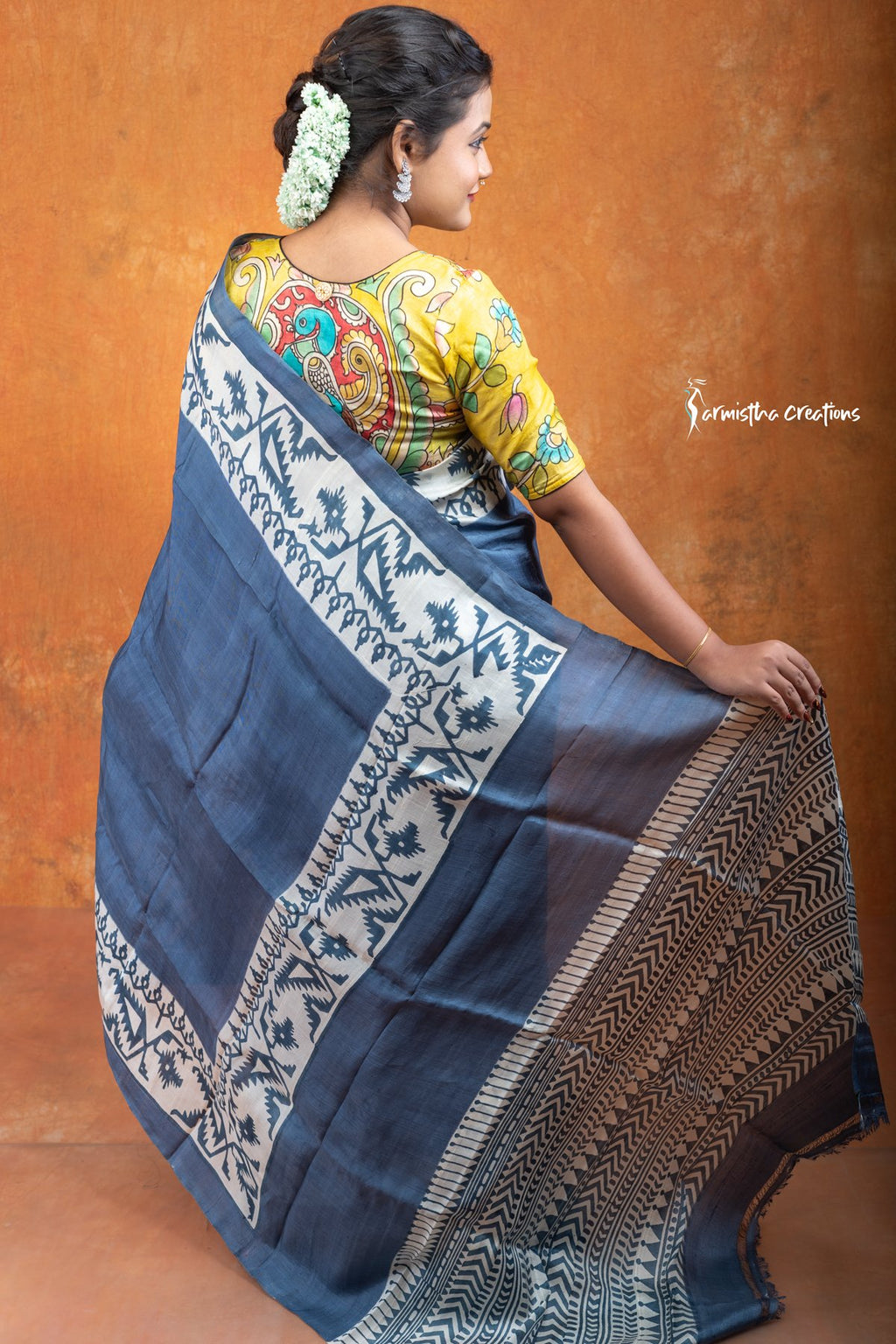 Murshidabad Silk Saree with Hand Block Printing Monsoon Midnight and Oriental Blue hbpms-004 image 3