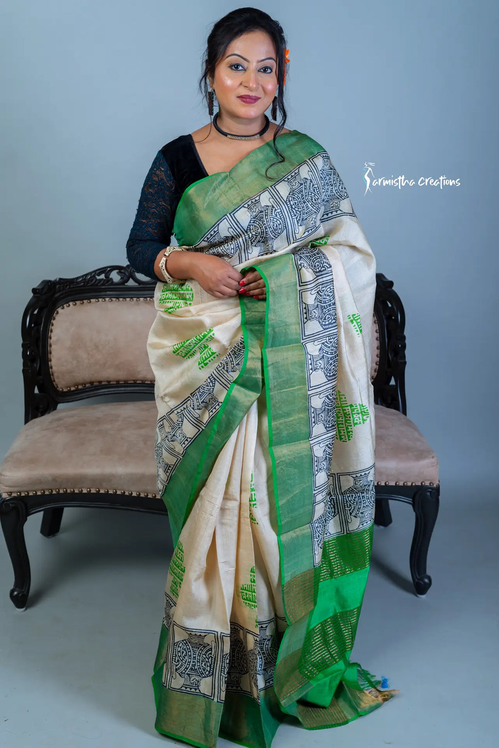 Zari Border Pure Desi Tussar Silk Saree With Hand-Block Printing dtzbhbp-065 image 0