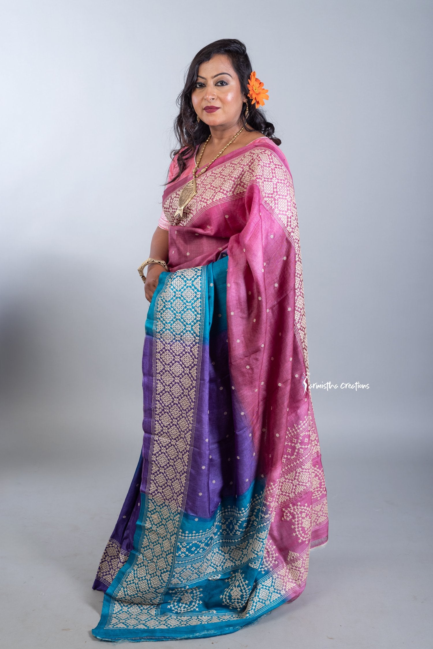 Multicoloured Tussar Kutchwork Saree ptkw-007 image 1