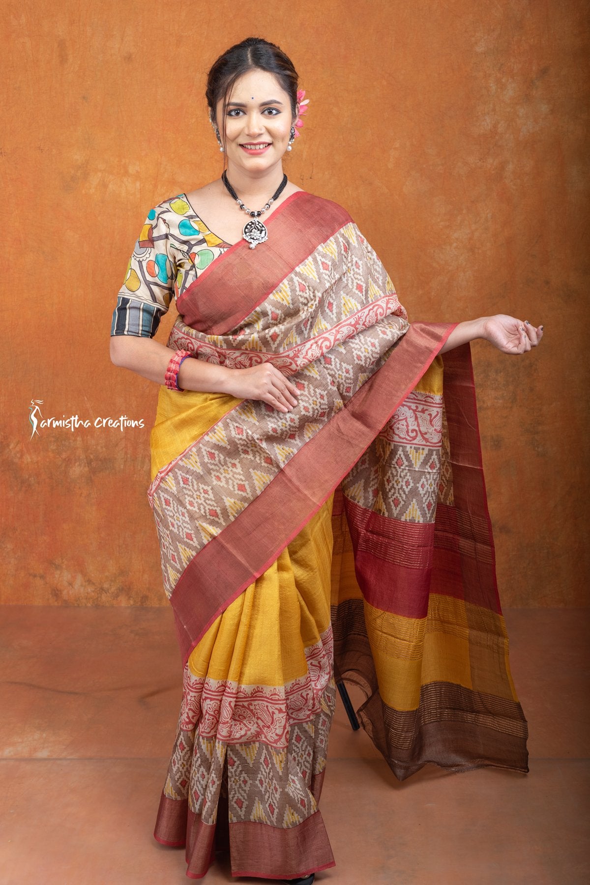 Zari Border Pure Tussar Saree With Hand-Block Printing dtzbhbp-117 image 0