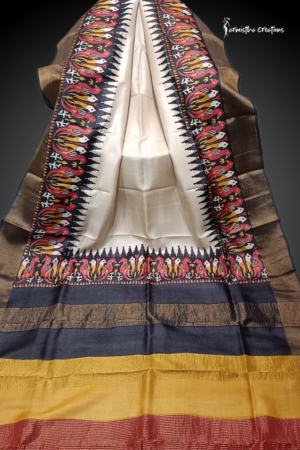Zari Border Pure Desi Tussar Silk Saree With Hand-Block Printing | dtzbhbp-013