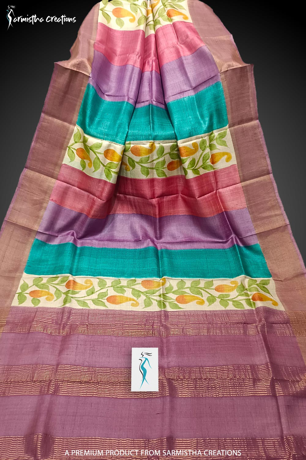 Zari Border Pure Desi Tussar Silk Saree With Hand-Block Printing | dtzbhbp-090