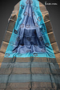 Blue Horizon - Zari Tussar Silk Saree with Hand Block Print in Steel Blue & Aqua | dtzbhbp-126