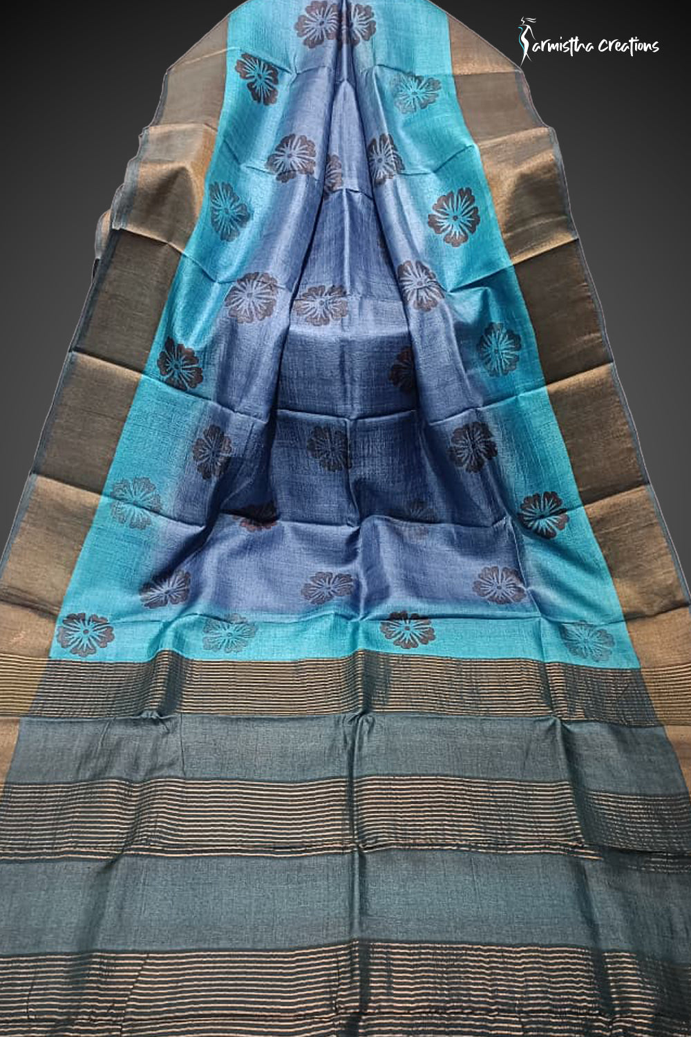 Blue Horizon - Zari Tussar Silk Saree with Hand Block Print in Steel Blue & Aqua | dtzbhbp-126