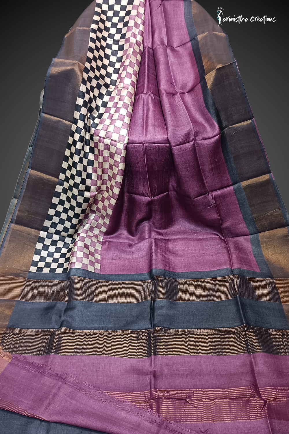 Mulberry Mist - Zari Tussar Silk Saree with Hand Block Print in Steel Blue & Aqua | dtzbhbp-127
